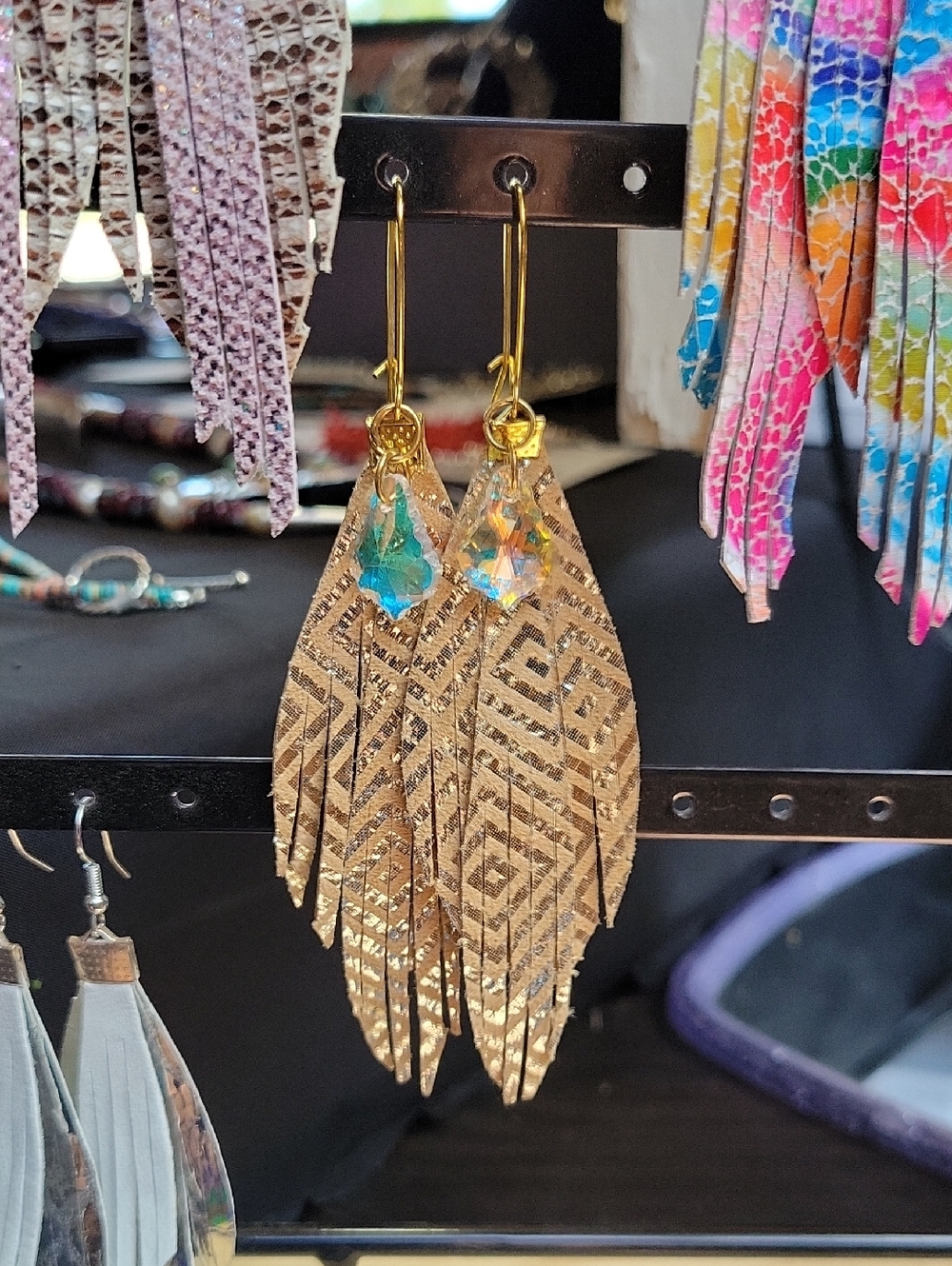 Gold Feather Drop Earrings with Iridescent Crystal Accent - Women Jewelry